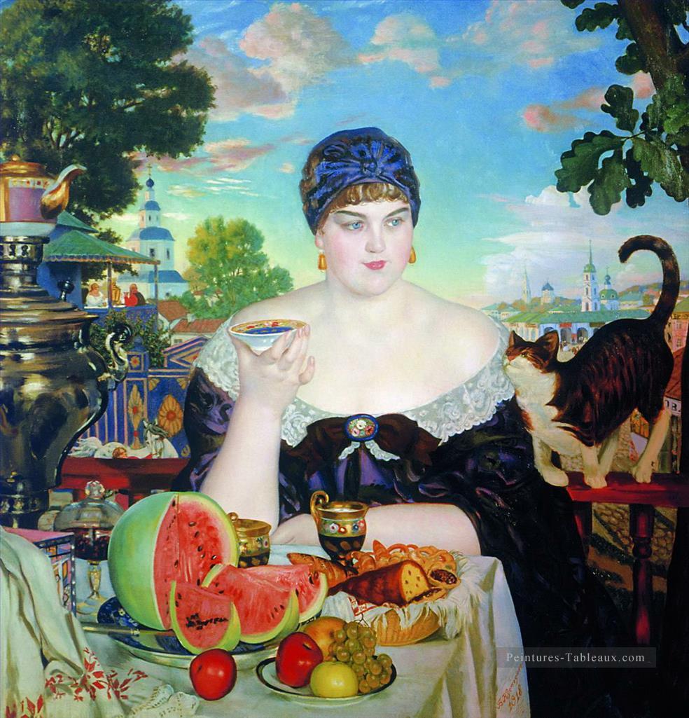 la femme du marchand au thé 1918 Boris Mikhailovich Kustodiev Peintures à l'huile
